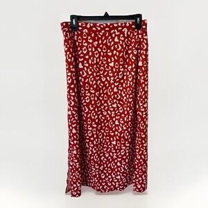 Lyaner Red Animal Print Patterned Satin Midi Skirt With Slit‎ On Side, Size L